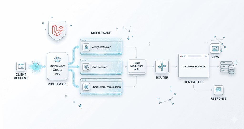Laravel middleware flow diagram showing request filtering process