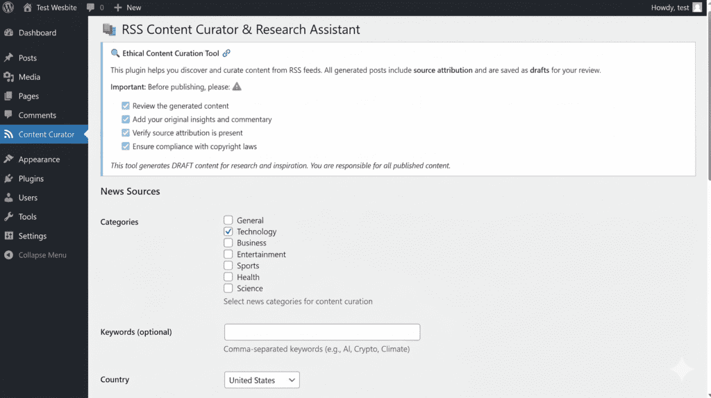 rss content curator wordpress plugin admin screen