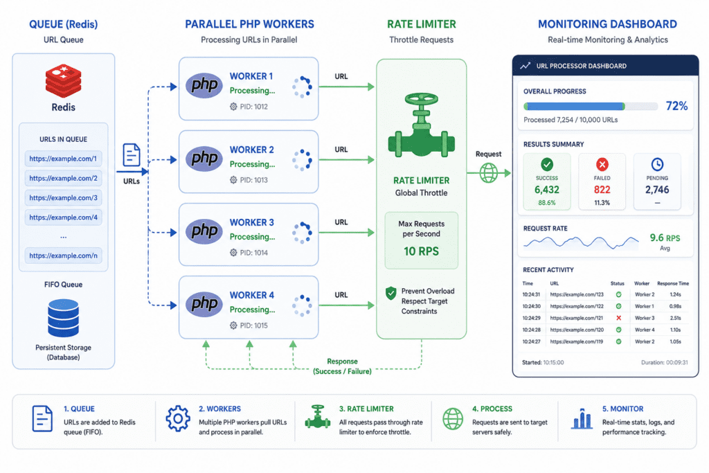 web scraping at scale php with parallel workers queue redis rate limiting monitoring dashboard