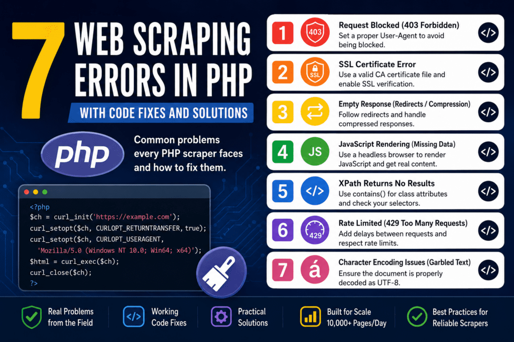 7 web scraping errors PHP with code fixes and solutions